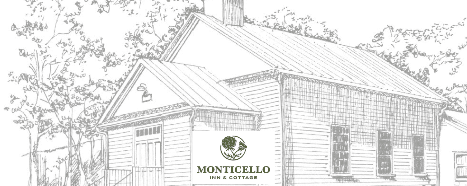 Line drawing of the Monticello Inn & Cottage with text logo at the bottom. Line drawing of the Monticello Inn & Cottage with text logo at the bottom.