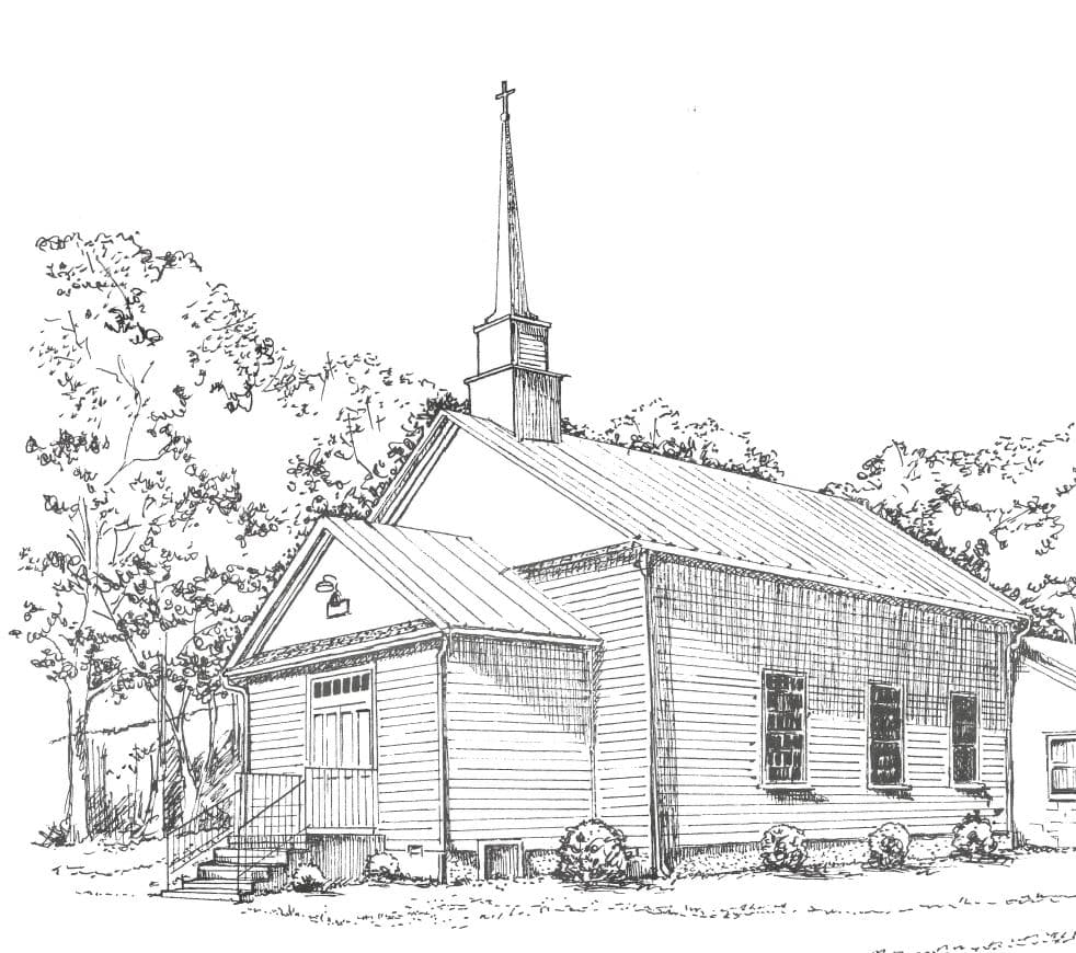 A line drawing of a small church with a steeple, surrounded by trees.
